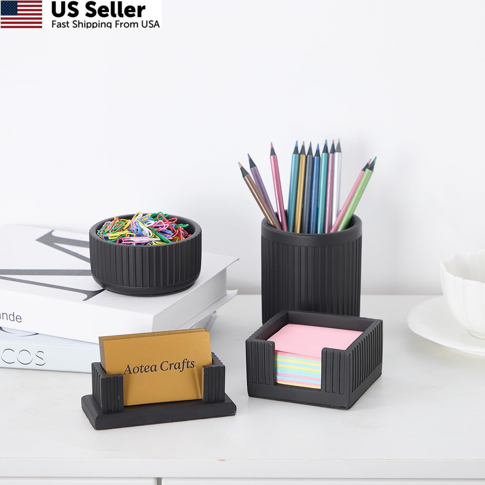 Set of 4 – Concrete Desk Accessories For Modern, Industrial, Charcoal Black