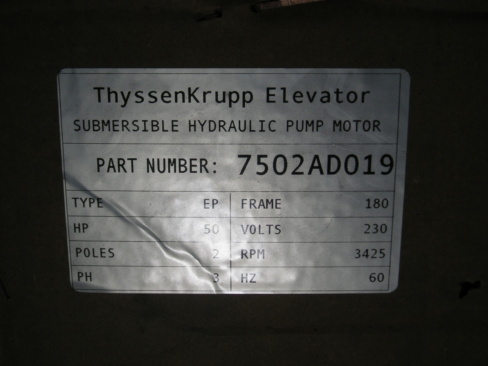 THYSSEN KRUPP 7502AD019 50HP Submersible Hydraulic Pump Motor TKE Elevator