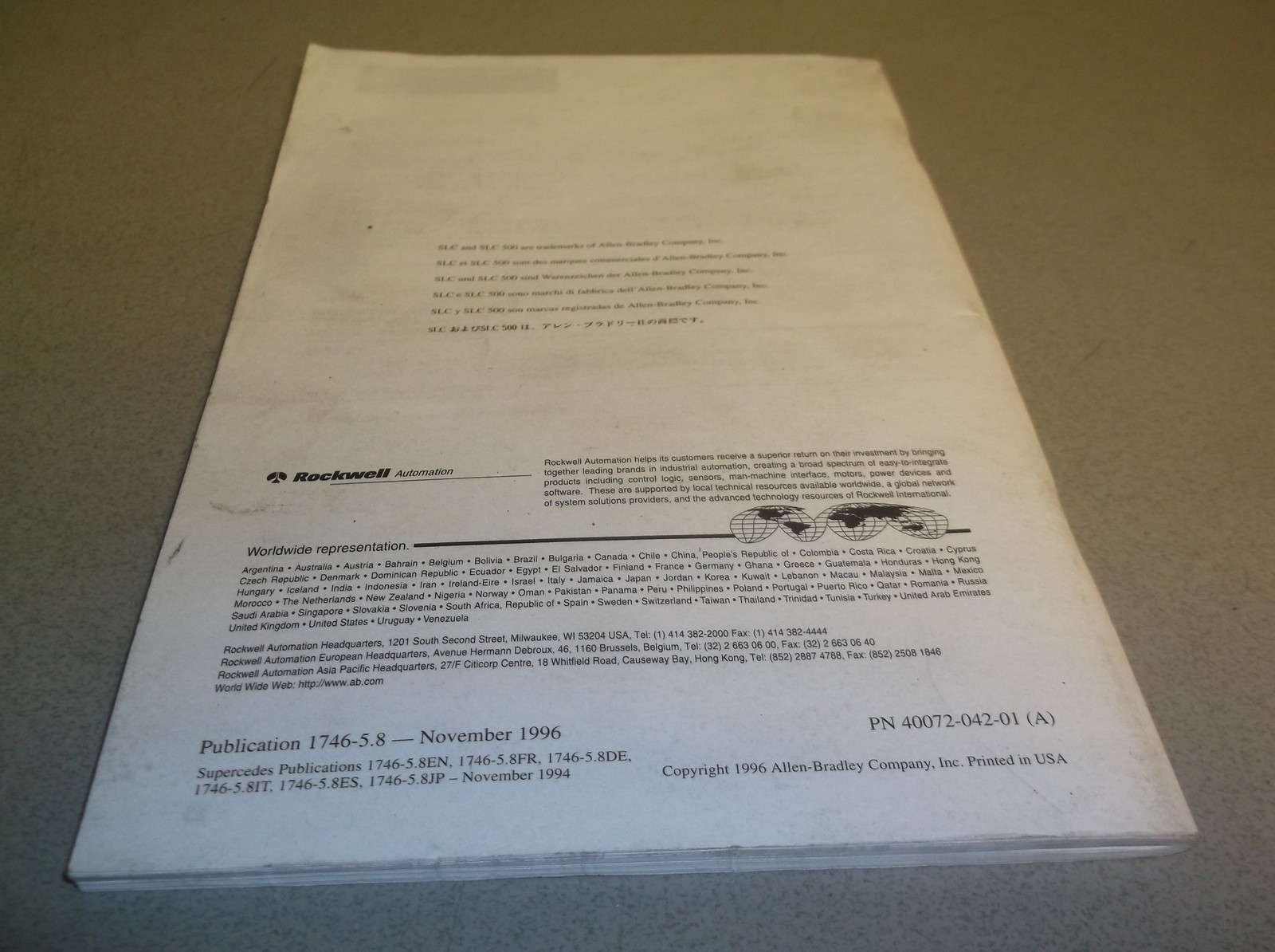 Allen Bradley SLC500 40072-042-01 Installation Instructions, Nov 1996
