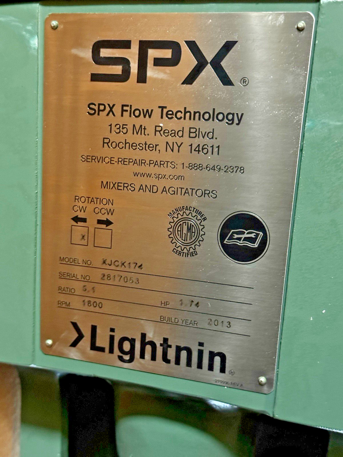 SPX FLOW Lightnin XJCK174 Mixer Agitator 1.74 HP BALDOR Motor XP Hazardous Loc