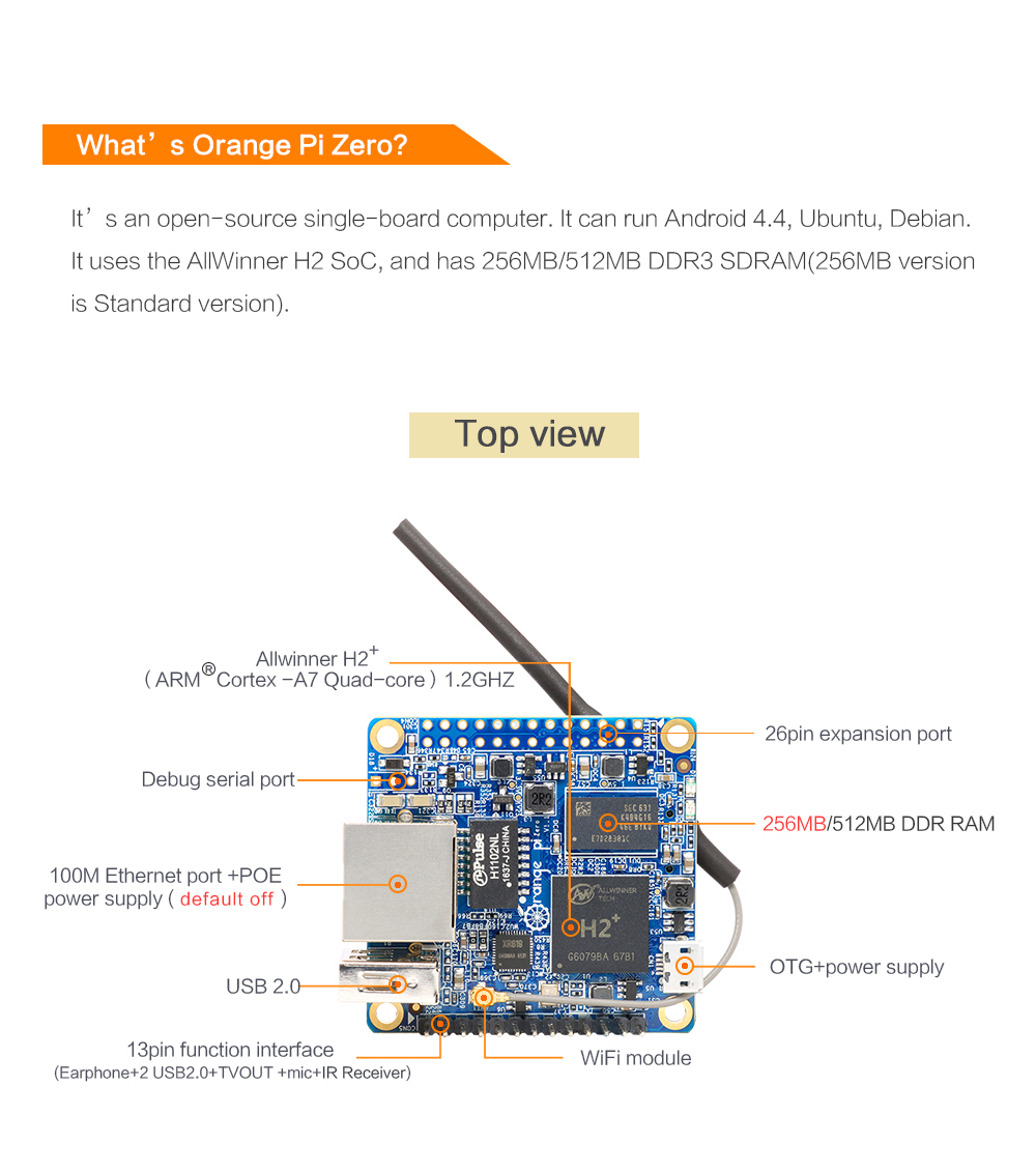 Orange Pi Zero H2 PC Compatible Android Ubuntu 256MB WiFi SBC Replace Raspberry