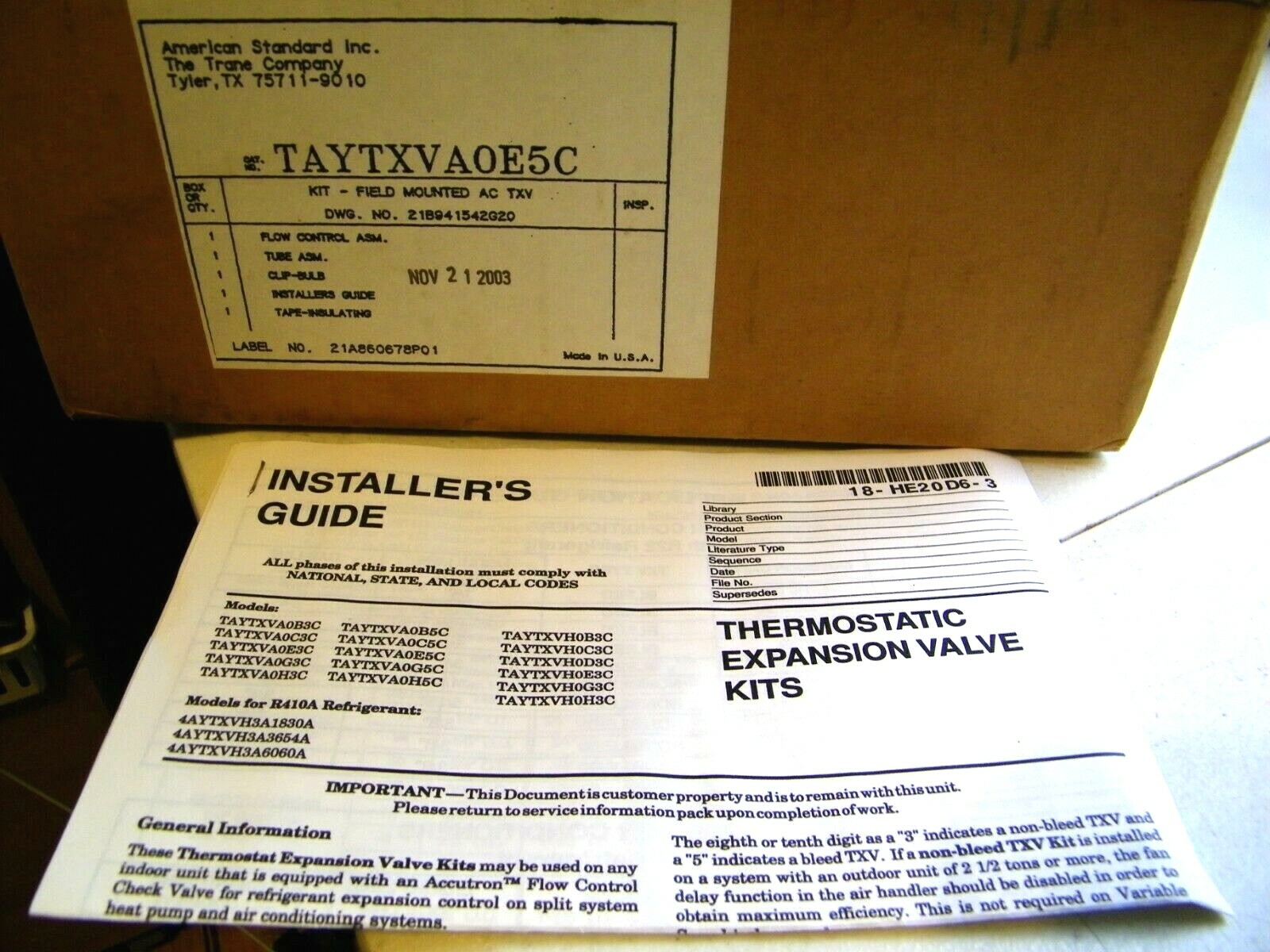 American Standard TAYTXVA0E5C Thermostatic Expansion Valve Kit