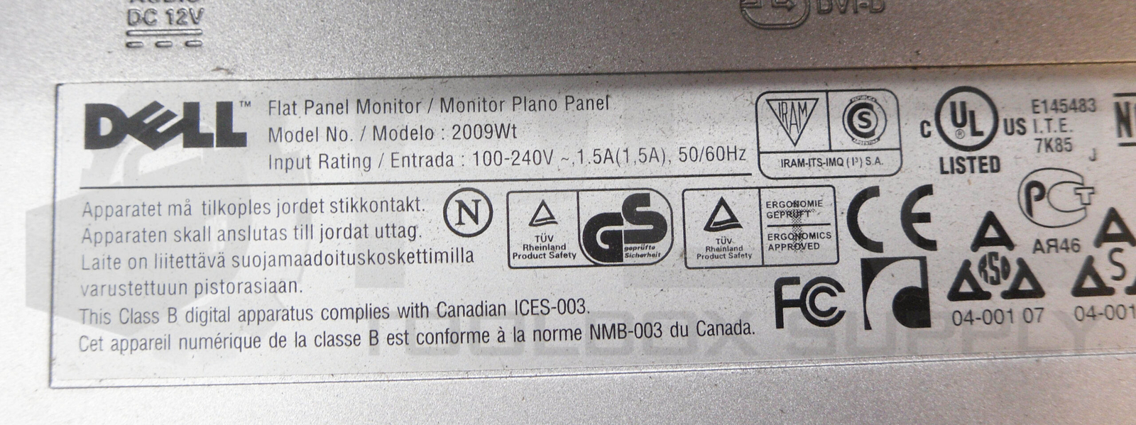 DELL 2009WT WIDESCREEN LCD MONITOR 100-240V 1.5A 50/60HZ 20″