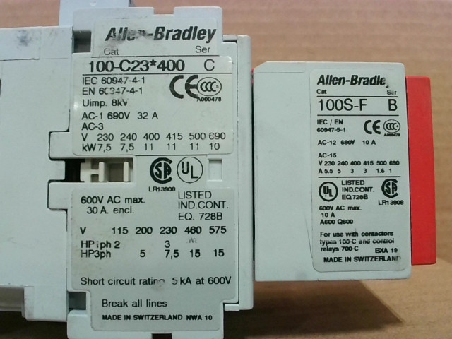 Allen Bradley 100S-C23D404C /A /C Safety Contact w/ AB 100S-F AB 100-C09*400 …