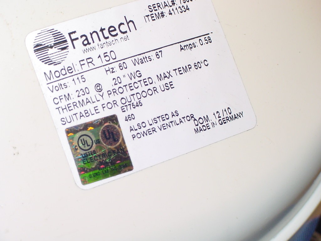 FanTech Model FR 150, Inline Centrifugal Duct fan, 115V, 60Hz, CFM 230, 6-Inch