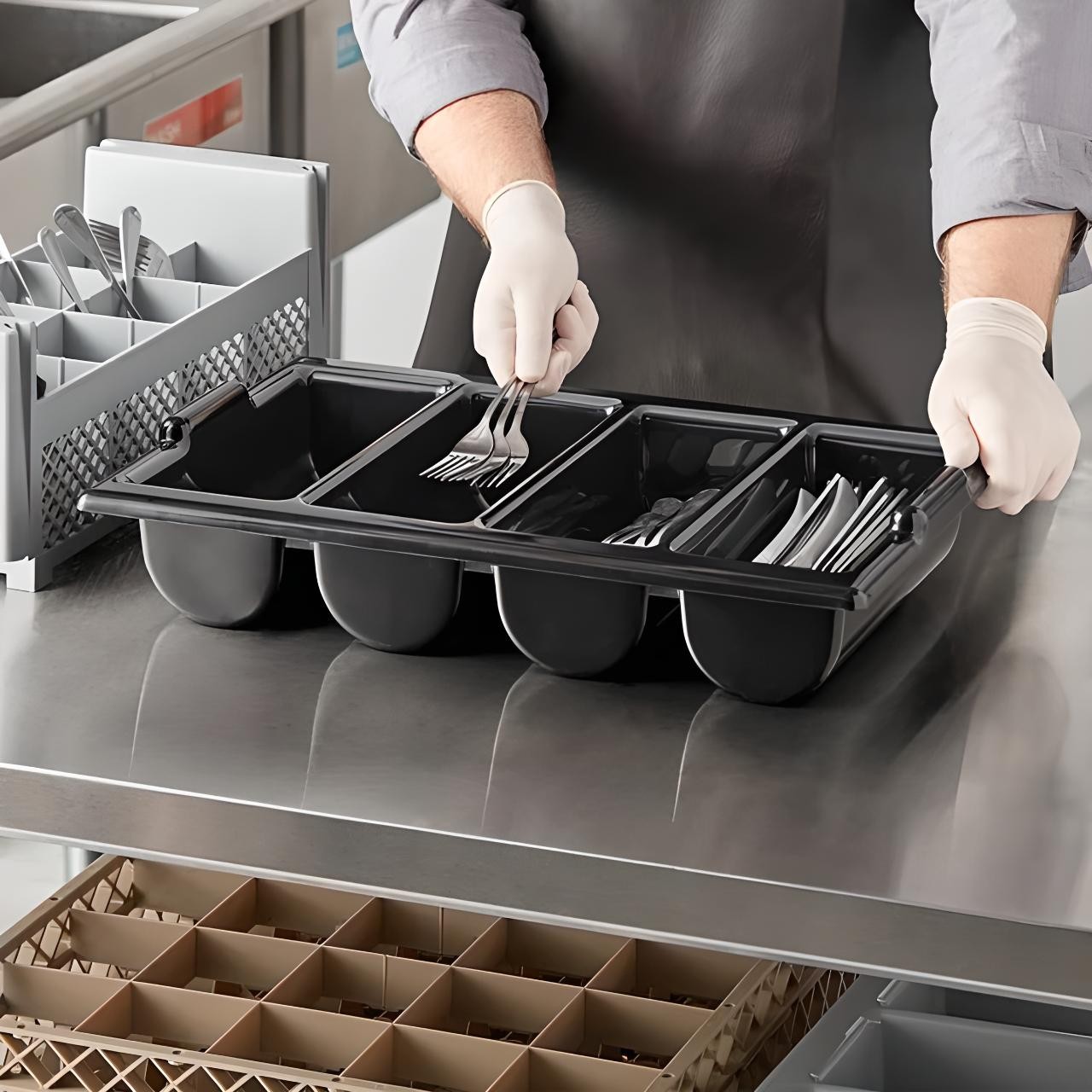 OCS Parts 3-Pack Black 4-Compartment Cutlery, Silverware and Flatware Bins