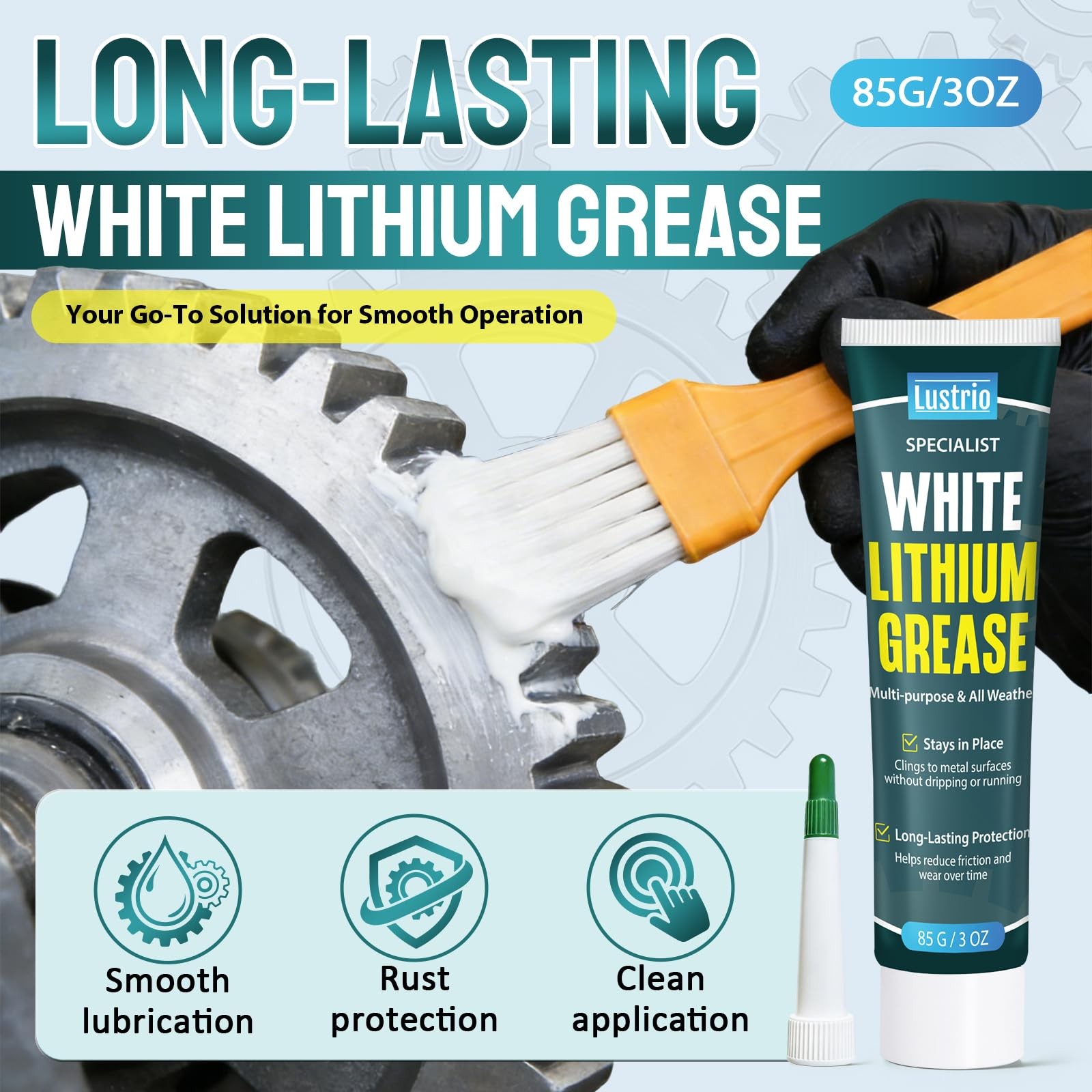 White Lithium Grease with Brush – 3oz Multi-Purpose Lubricant for 3 ounces