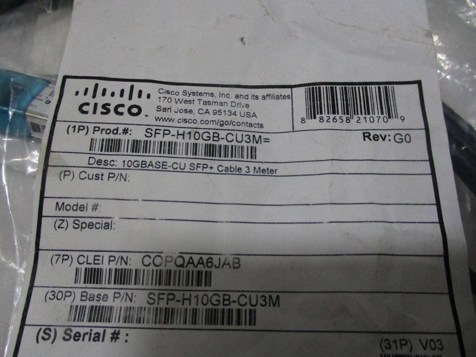 Cisco 37-0961-03 SFP-H10GB-CU3M 10GBASE-CU 10Gb SFP+ 3M Passive Cable