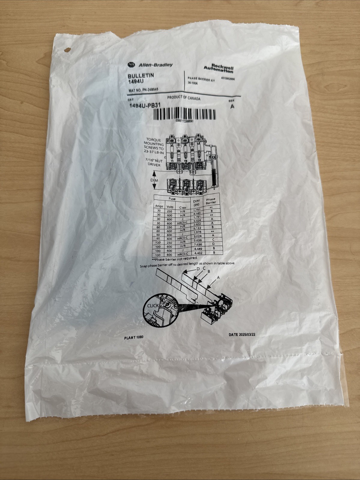 NEW! Allen Bradley AB 1494U-PB31 Phase Barrier Kit 30-100A PN-248545