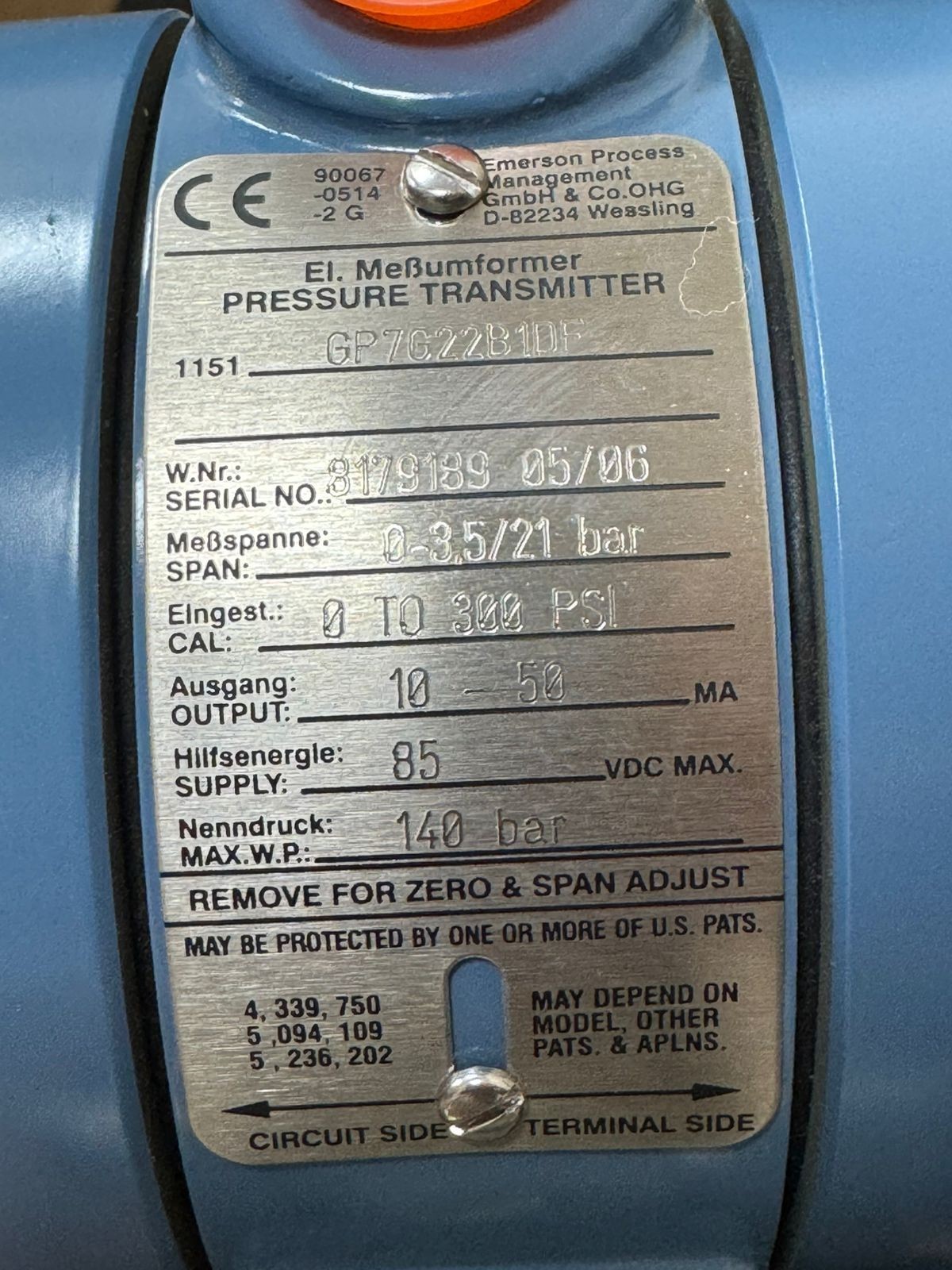 Rosemount / Pressure Transmitter / 1151GP7G22B1DF / W.P. 140BAR, Cal. 0-300PSI