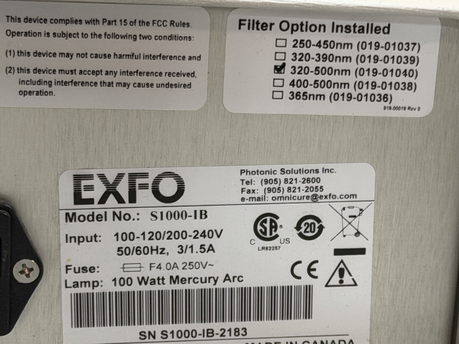Omnicure Series 1000 S1000-1B 320-500nm Light