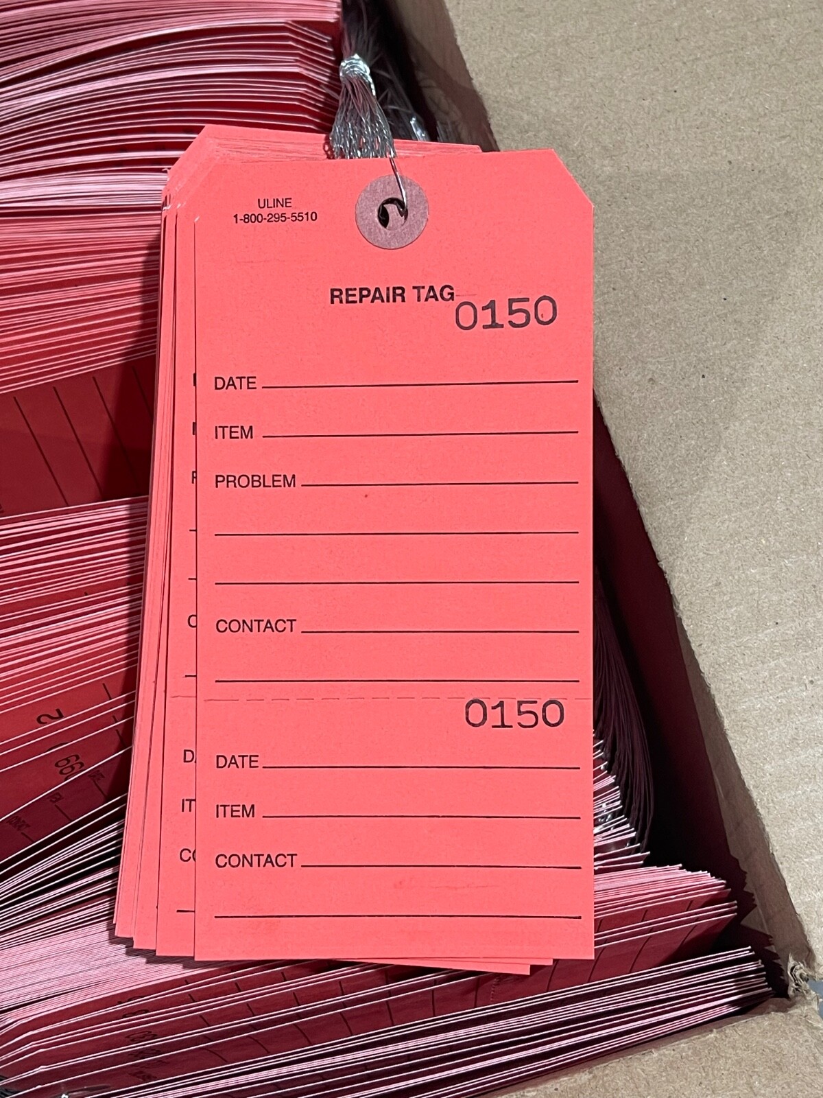 1000 ULINE 2-Part Repair Tags – #8, Pre-wired, Red, Consecutively Numbered