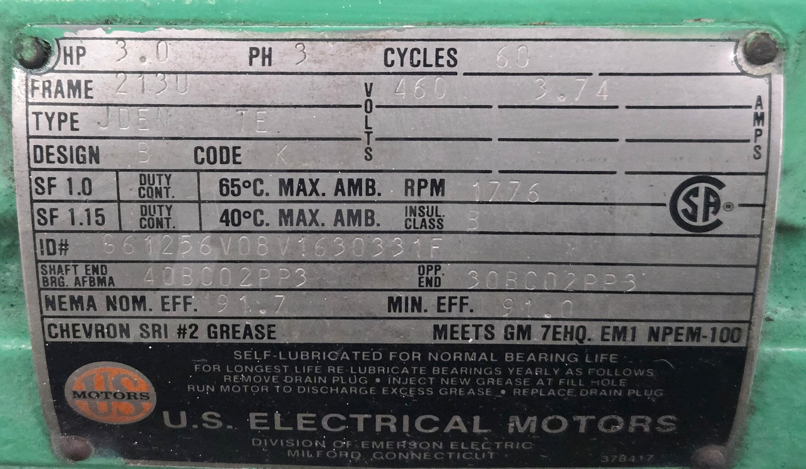 US ELECTRICAL MOTORS S61256V08V1630331F MOTOR 3HP 3PH 1776RPM FR: 2130, JDEN TE