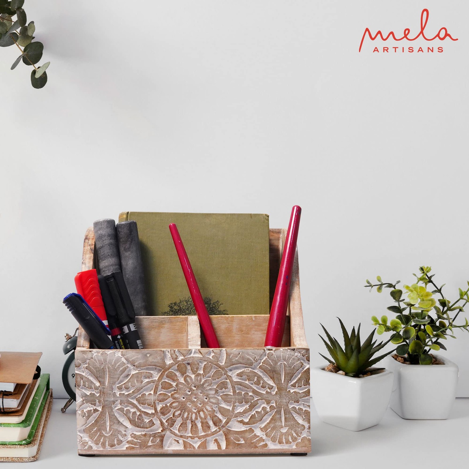 Mela Artisans Natural Wood Letter Holder 3 Compartments, Ajenta Whitewashed
