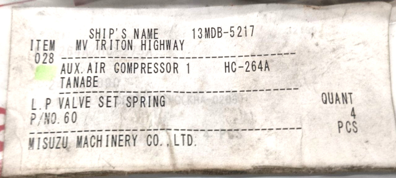L.P Valve Set Spring P/N 60 For Tanabe HC-264A Compressor Parts (PACK OF 04)