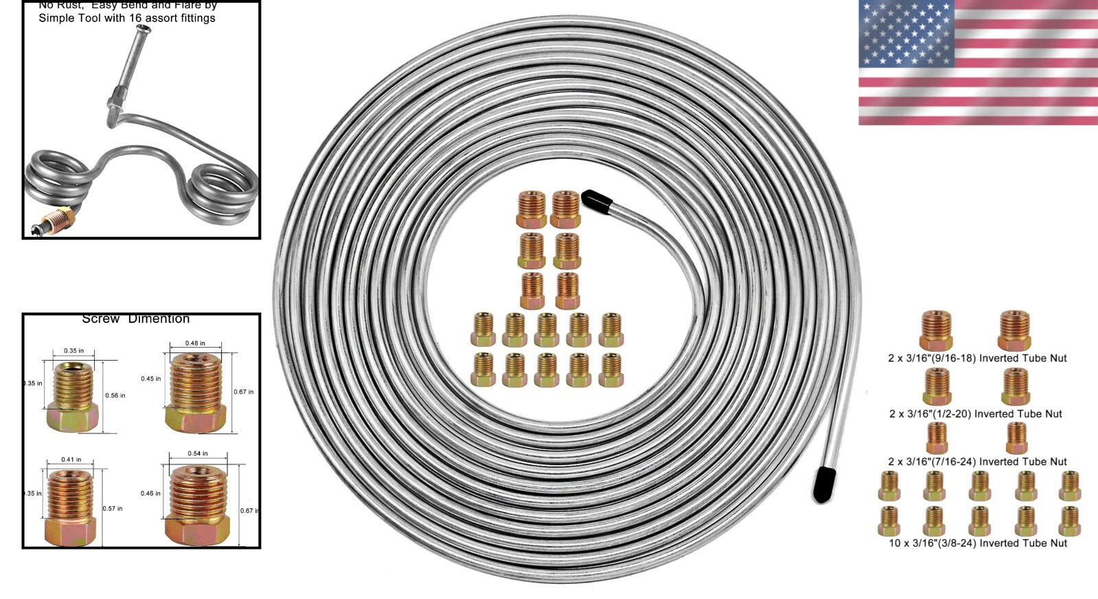 25 ft Zinc-Coated Brake Line Tubing Kit – Professional Grade with 16 Fittings