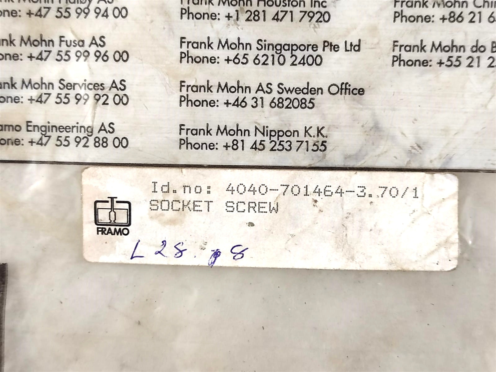 Socket Screw Id 4040-701464-3. 70/1 For Frank Mohn Framo Pump (Pack of 15 Pcs)