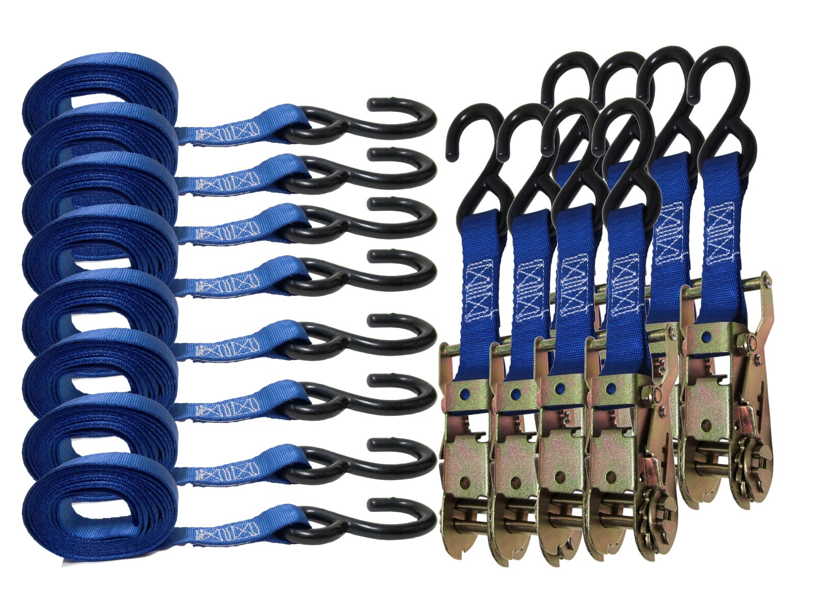 1″ x 8′ ft Ratchet Tie Down Strap Blue S Hook Trailer ATV Cargo Pack of 8