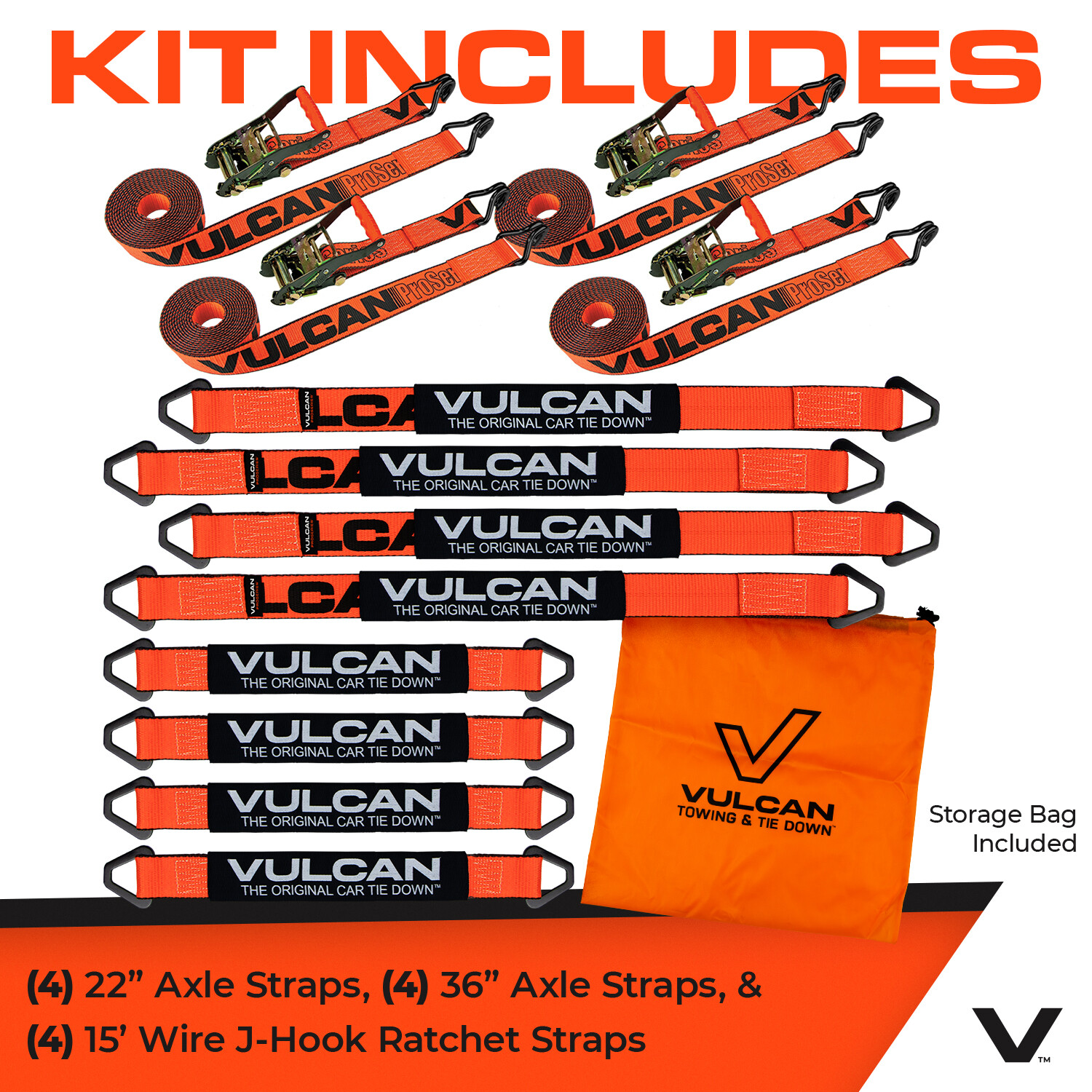 VULCAN PROSeries Orange Axle Strap Tie Down Kit – Wire Hook Ratchet Straps