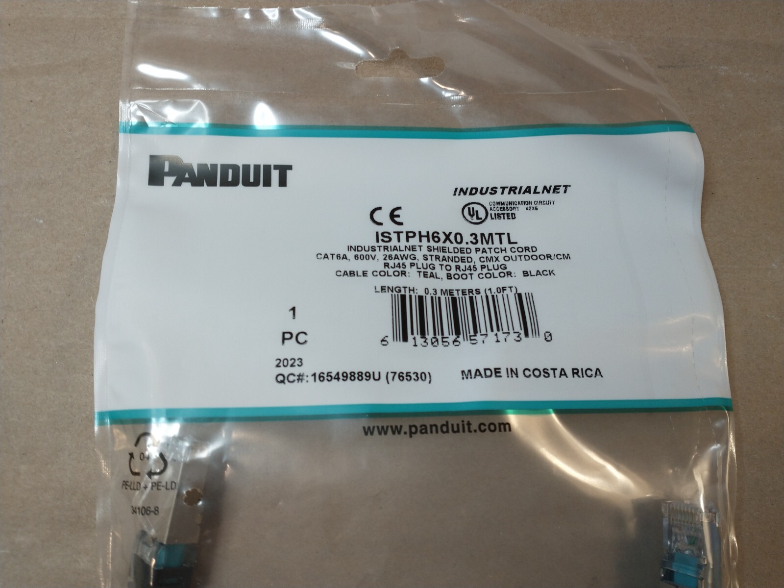 Panduit ISTPH6X0.3MTL Industrialnet Shieled Patch Cord Cat6A 600V 26AWG, .3M L
