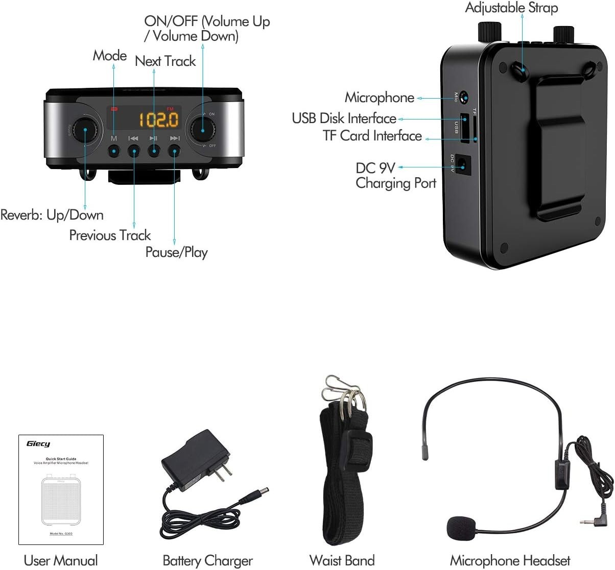 30W Portable Voice Amplifier with Wired Microphone Headset, 2800mAh Rechargeable