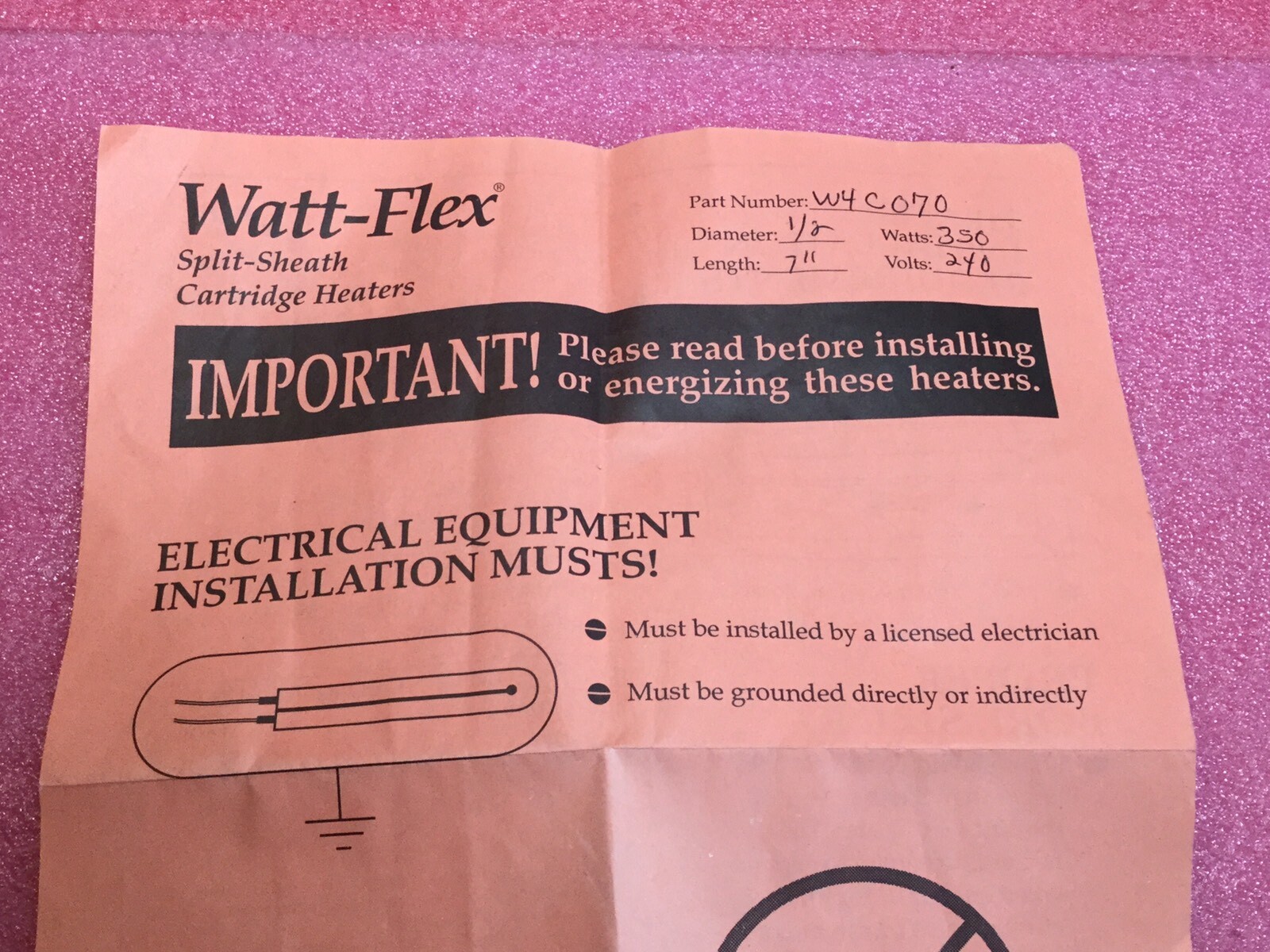 Dalton Electric Watt-Flex Split-Sheath Cartridge Heater W4C070 350W, 240V
