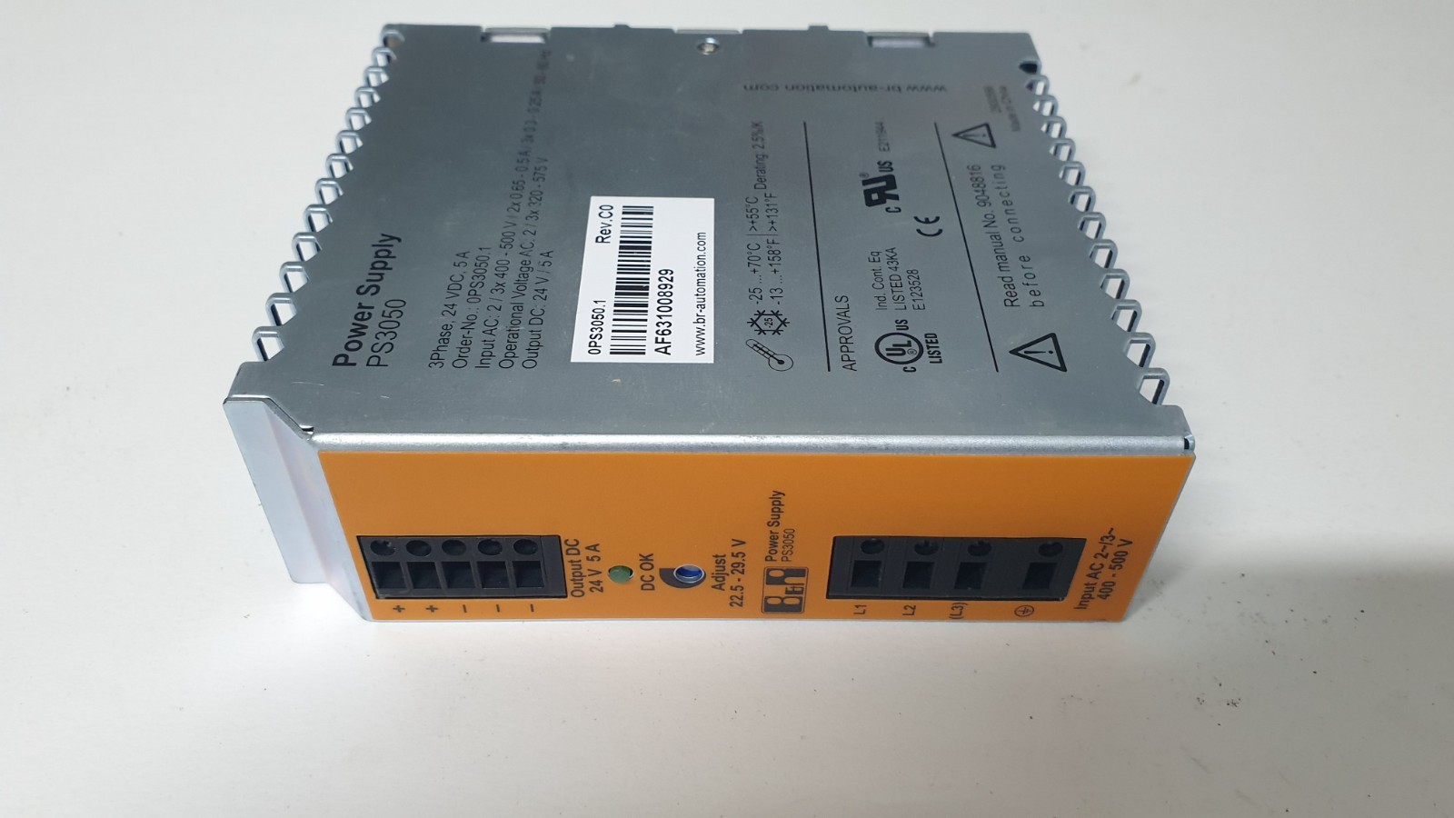 B&R Power Supply PS3050 – P/N 0PS3050.1 Rev. C0 – 24V DC 5A 3-Phase – USED