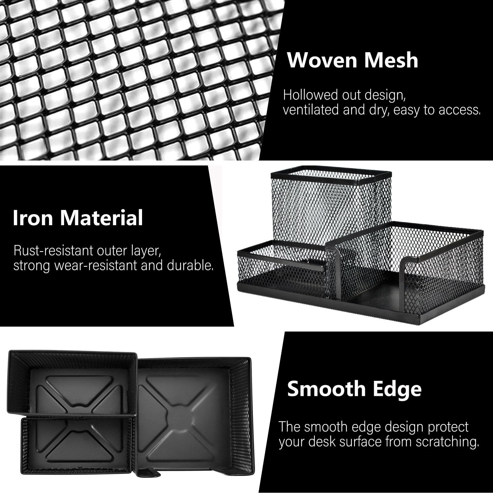 ASTIMESA 2 Pcs Metal Pen Organizer for Desk with 3 Compartments, Office black