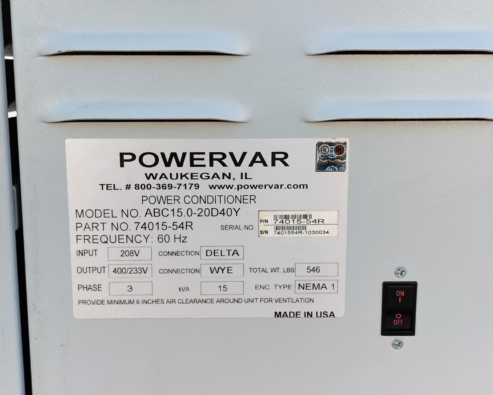 Powervar Series 2000 ABC15.0-20D40Y 74015-54R 3 Phase Power Conditioner Untested