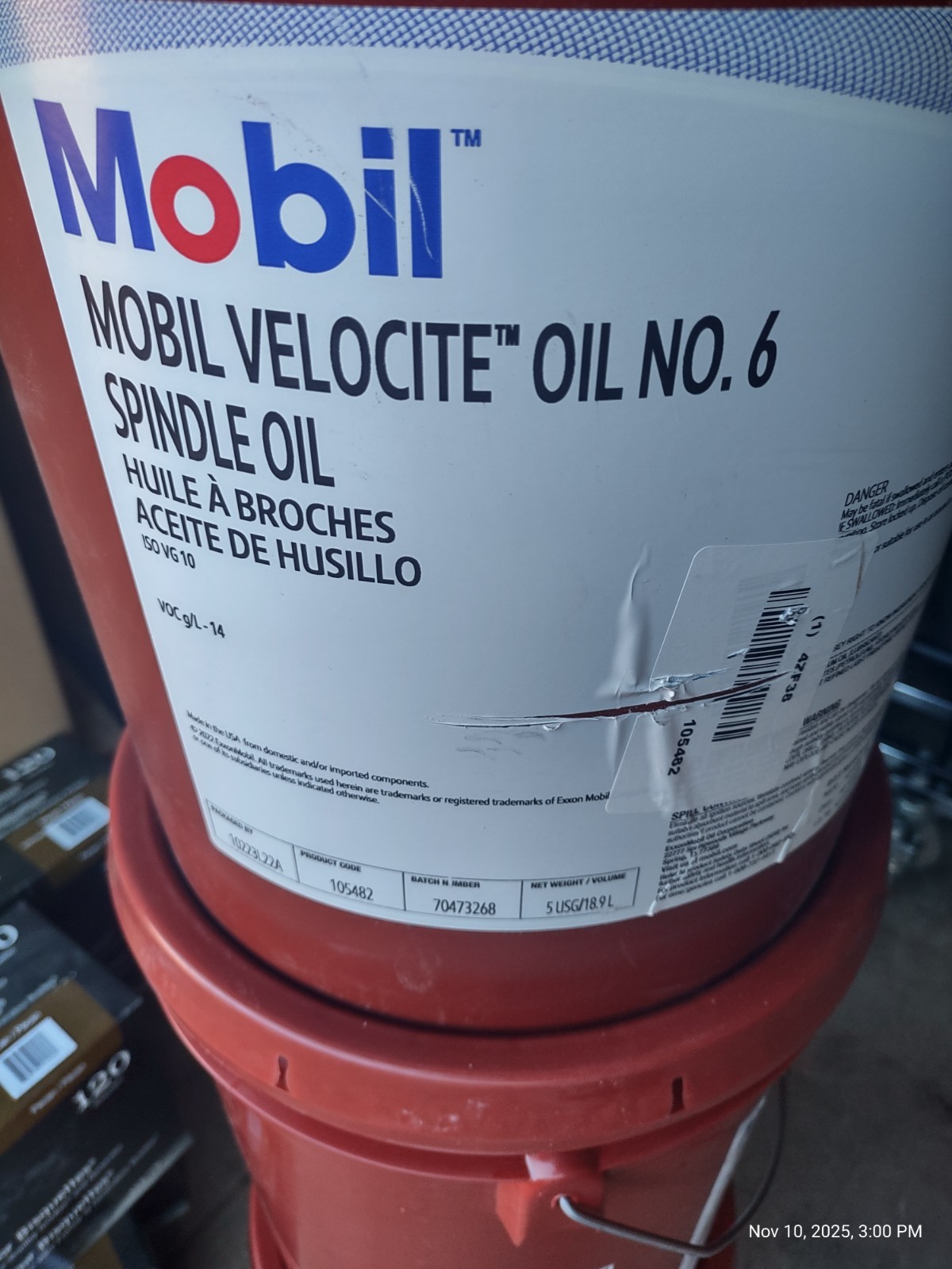 MOBIL VELOCITE NO. 6 Spindle Oil Rust and Corrosion Protection 5gal Pail NO SHIP