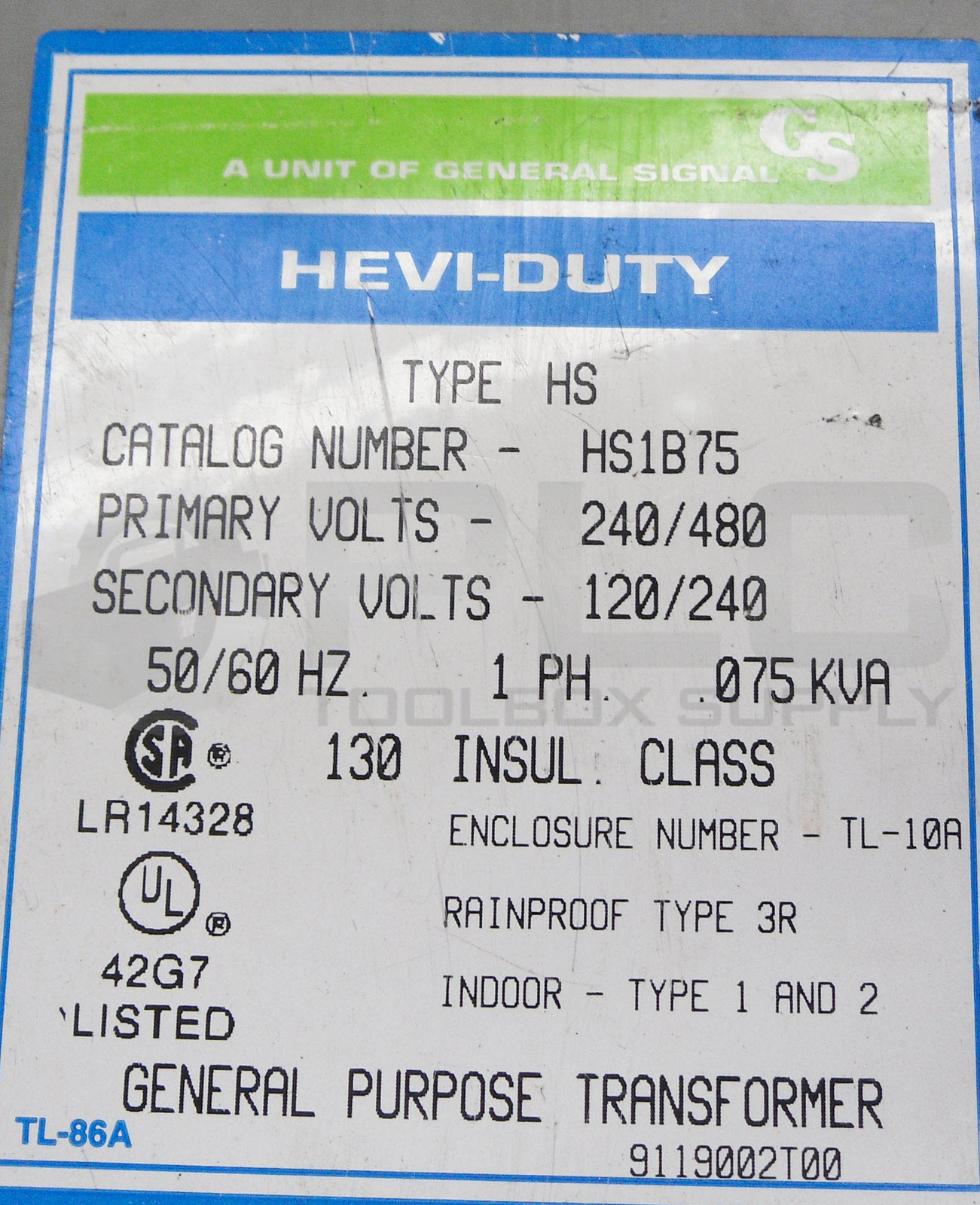 GENERAL SIGNAL HS1B75 HEVI-DUTY GENERAL PURPOSE TRANSFORMER 240-480V TYPE HS