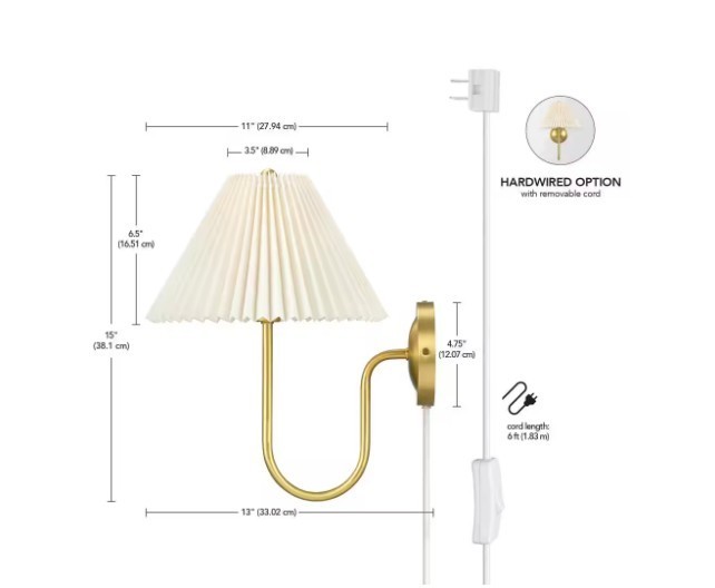 G E Delphine 11 in. 1-Light Matte Brass Plug-In or Hardwire Wall Sconce w/ Shade