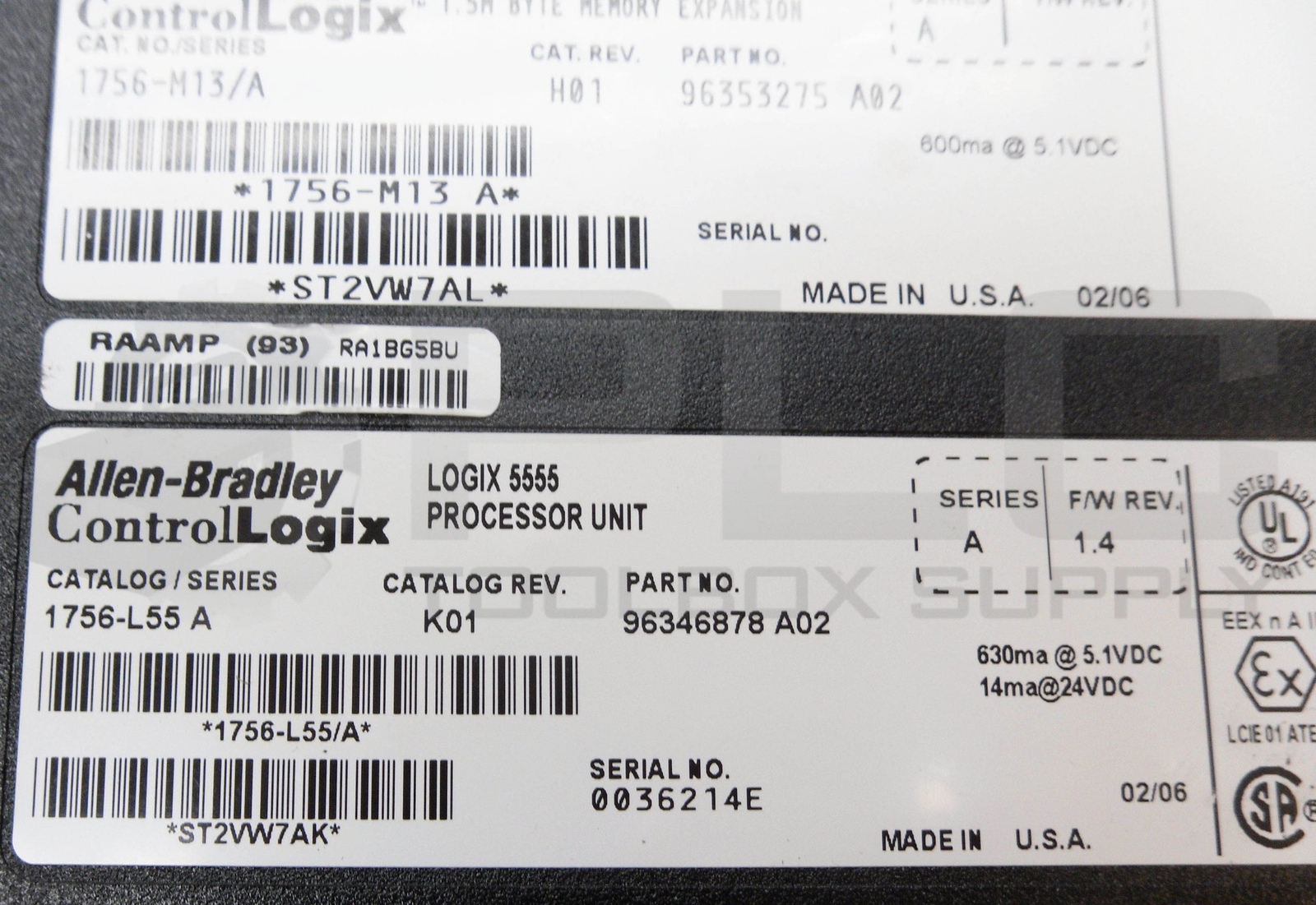ALLEN BRADLEY 1756-L55 /A LOGIX 5555 PROCESSOR UNIT W/ 1756-M13 /A **READ**