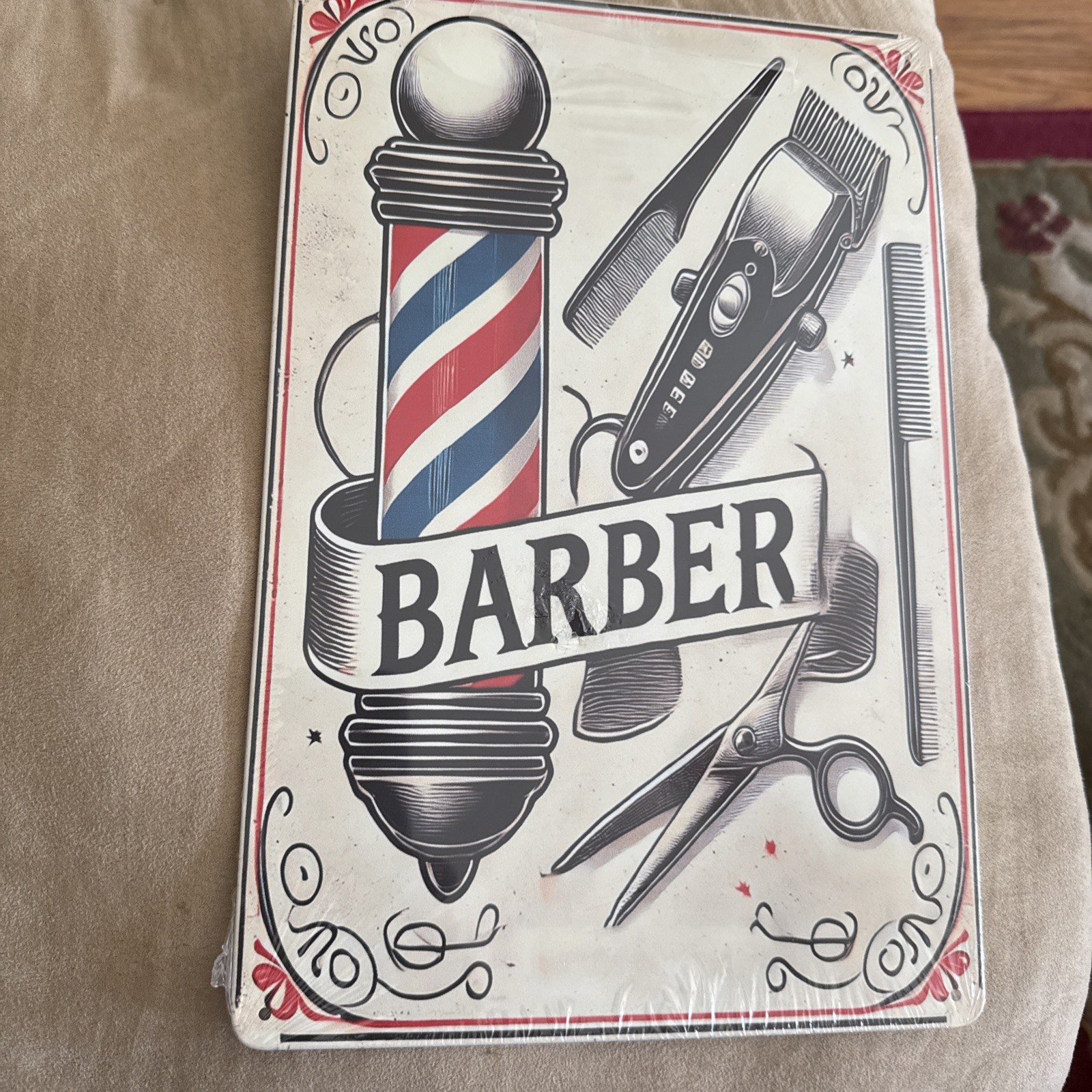 What An Adorable “Barber Shop” Metal Tin Sign In 7.8”x11.8”