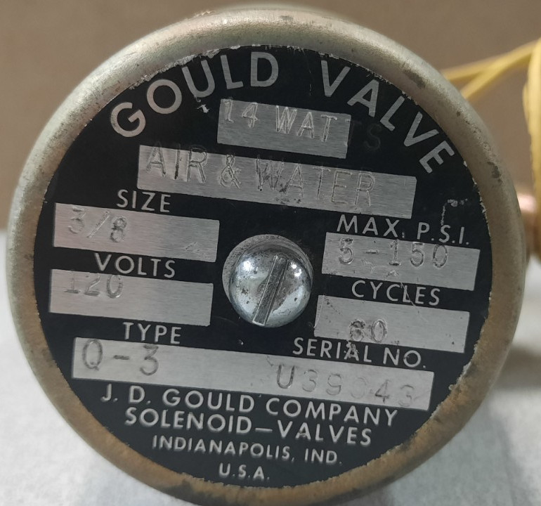 J.D GOULD CO. Q-3 SOLENOID VALVE 3/8″ 120V 60CYC 5-150PSI 14W U39043 Q3 – NOS