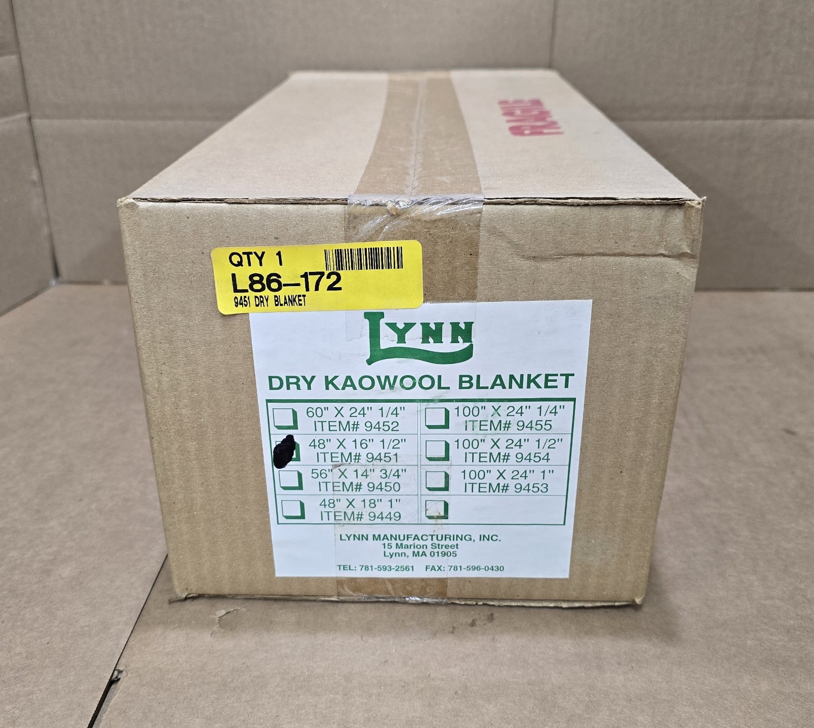 Box of 1 LYNN 9451 Dry Kaowool 2300F Ceramic Fiber Blanket 48” x 16” x ½”