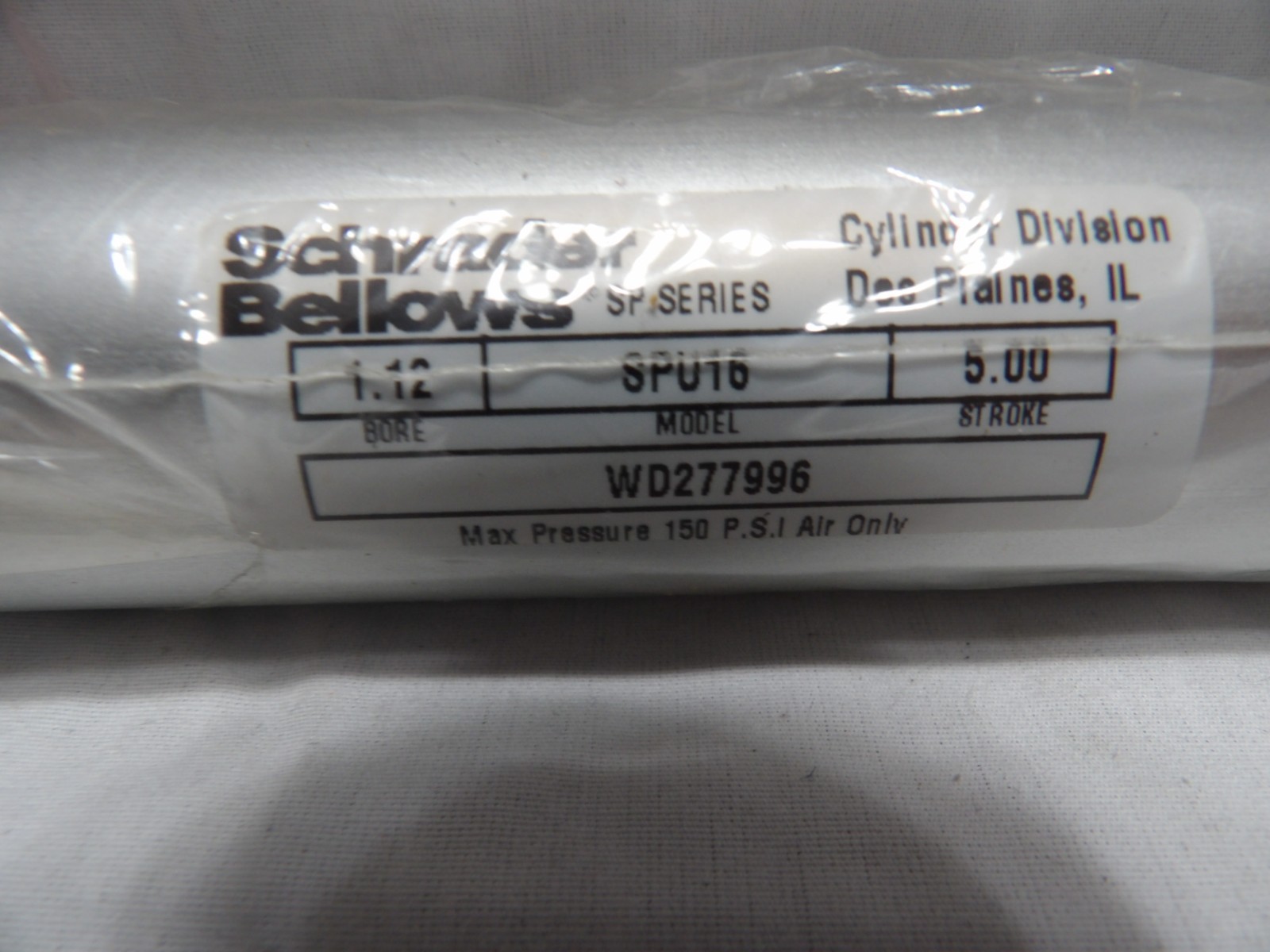 Schrader Bellows Air Cylinder SPU16 Bore 1.12 Stroke 5.00