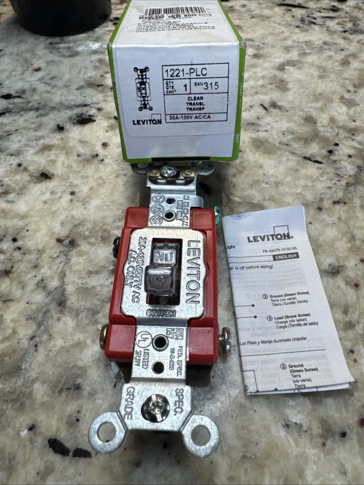 Leviton 1221-PLC AC Quiet Toggle Switch 120 VAC 20 Amp 1 Pole