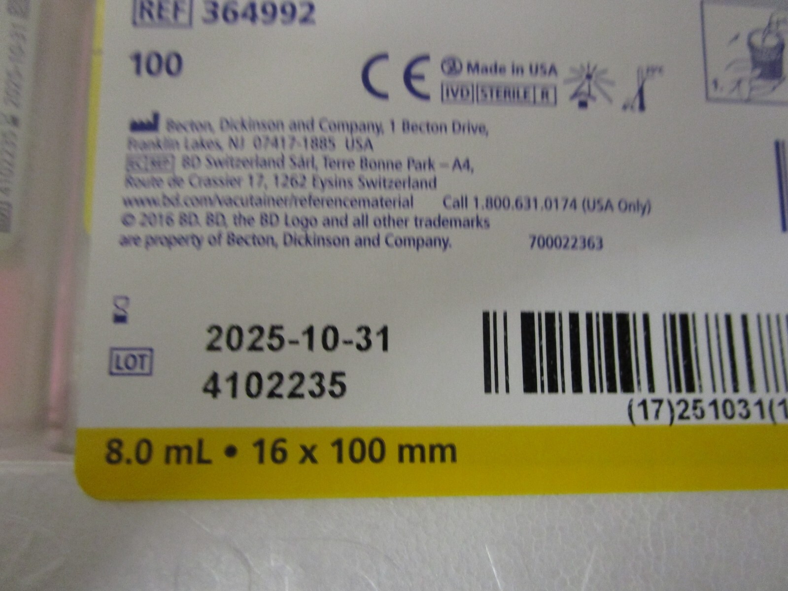 BD Vacutainer REF 364992 8mL Urine Analysis Preservative Tube 100 Pack EX10/2025