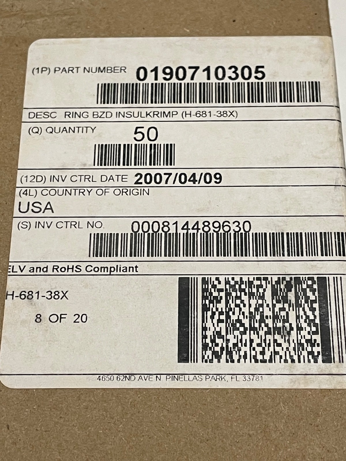 Box of 50 Molex 0190710305 Insulated Ring Terminal 1/0 AWG 3/8 Stud Crimp 300V