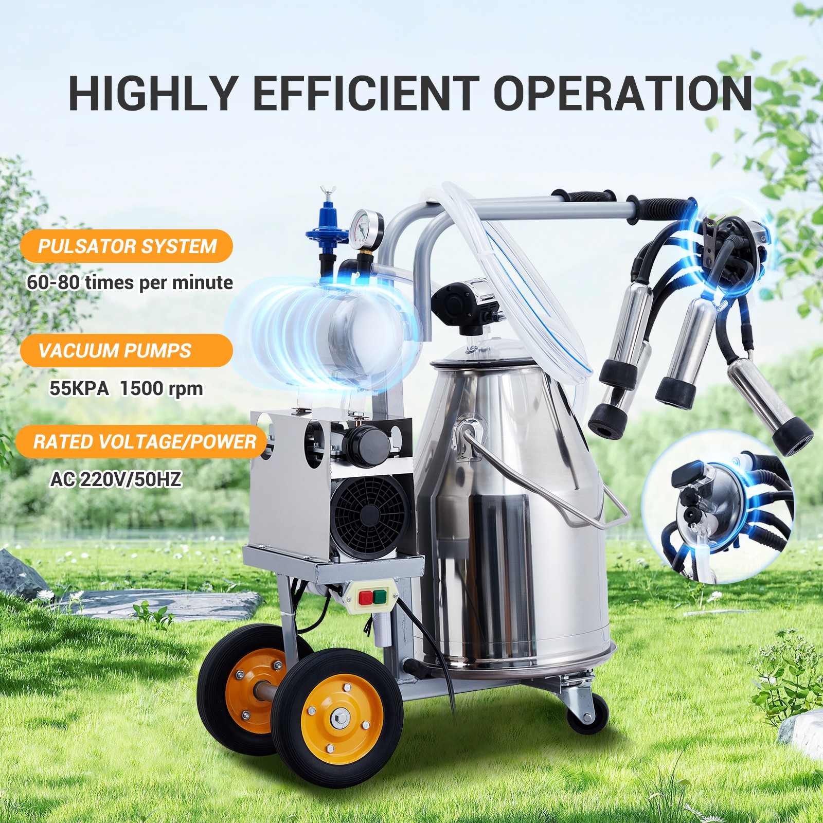 25L Electric Milking Machine Portable for Cow Goat Stainless Steel Bucket w/Hose