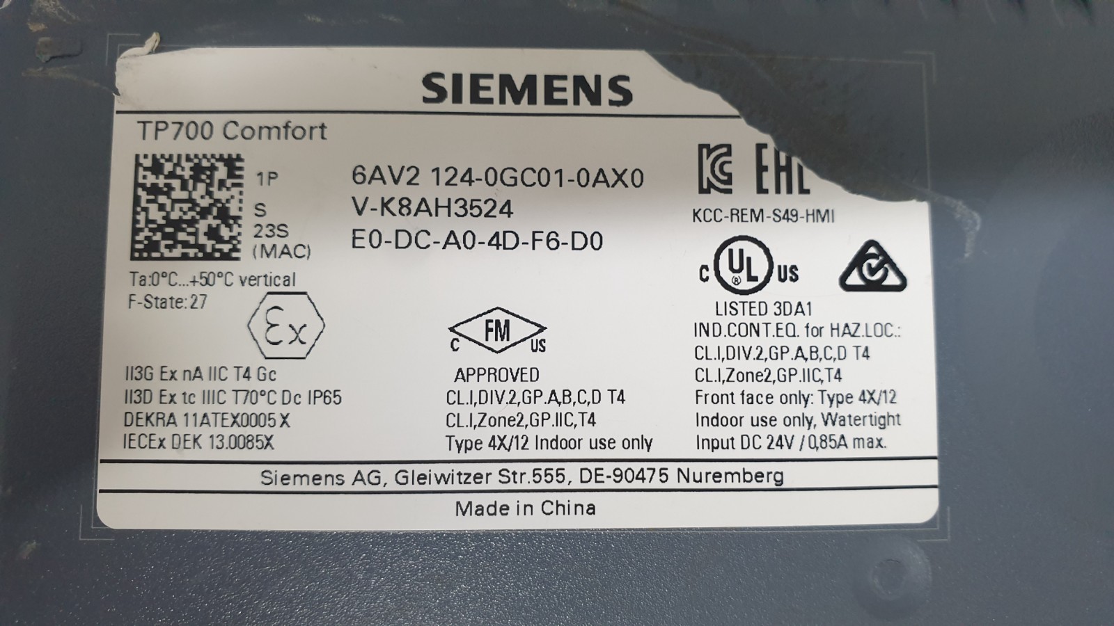 Siemens SIMATIC HMI TP700 Comfort Touch Panel 6AV2124-0GC01-0AX0