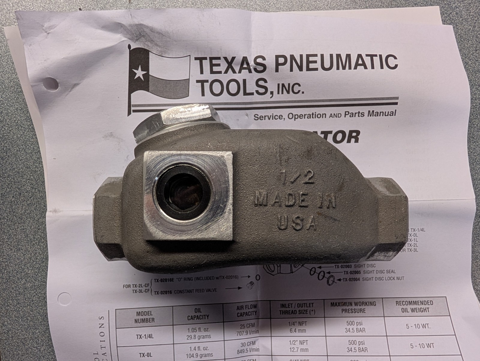 TEXAS PNEUMATIC IN-LINE LUBRICATOR Model TX-0L 1/2″