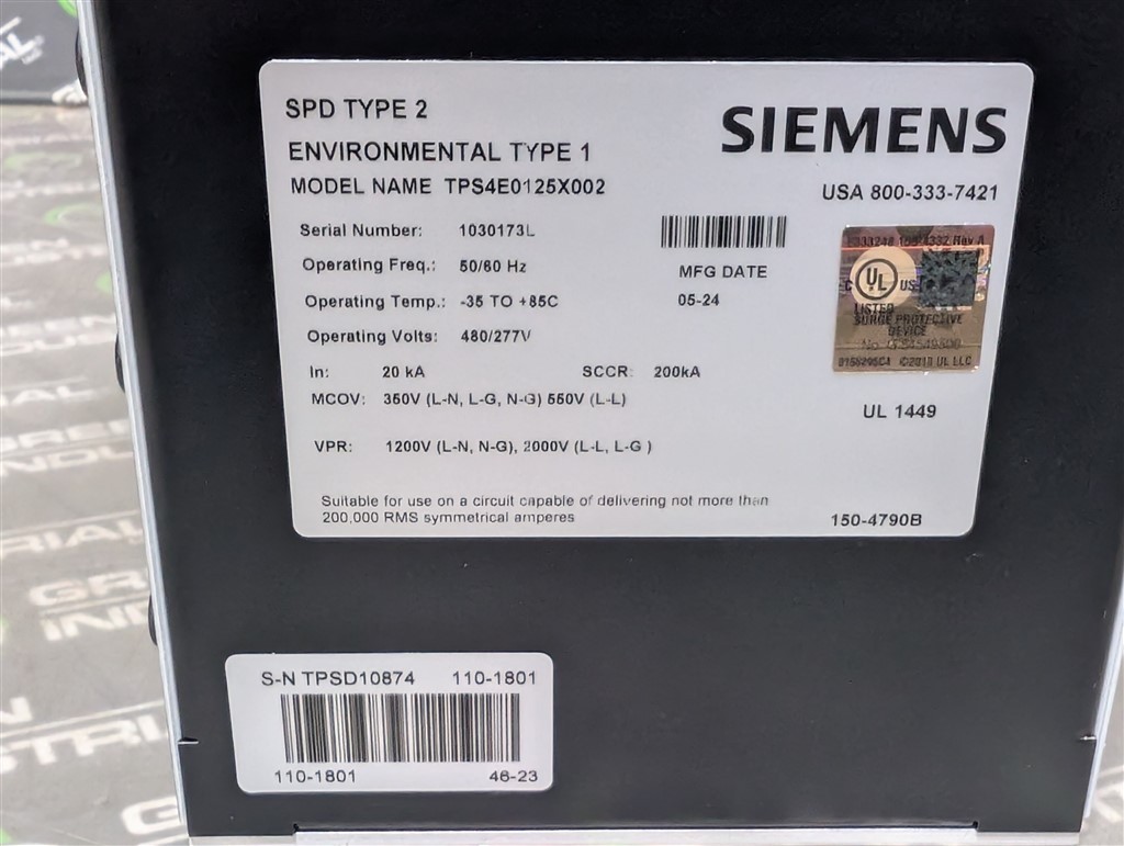 NEW Siemens TPS4E0125X002 Non-Wired Surge Protection Device 480/277V 200kA SCCR