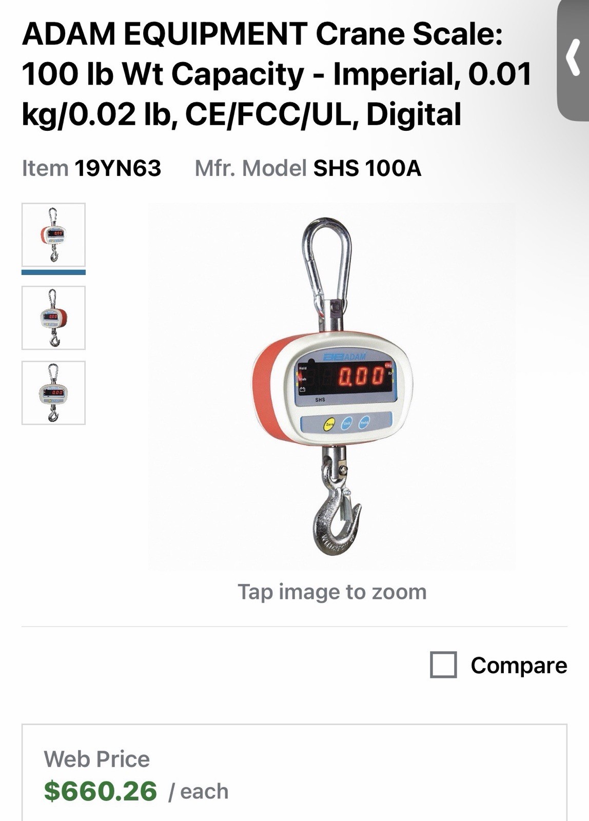ADAM EQUIPMENT SHS 100A Crane Scale,LED,50kg/100 lb. Cap. 19YN63