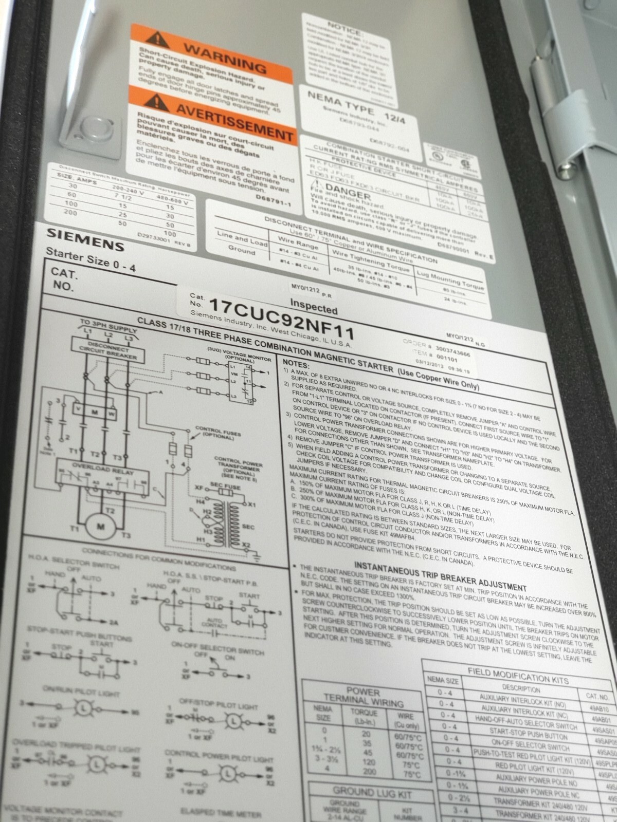 SIEMENS 17CUC92NF11, Starter,Fusible Combo FVNR SZ0,3-12Amps,N12/3R,120V, N£W