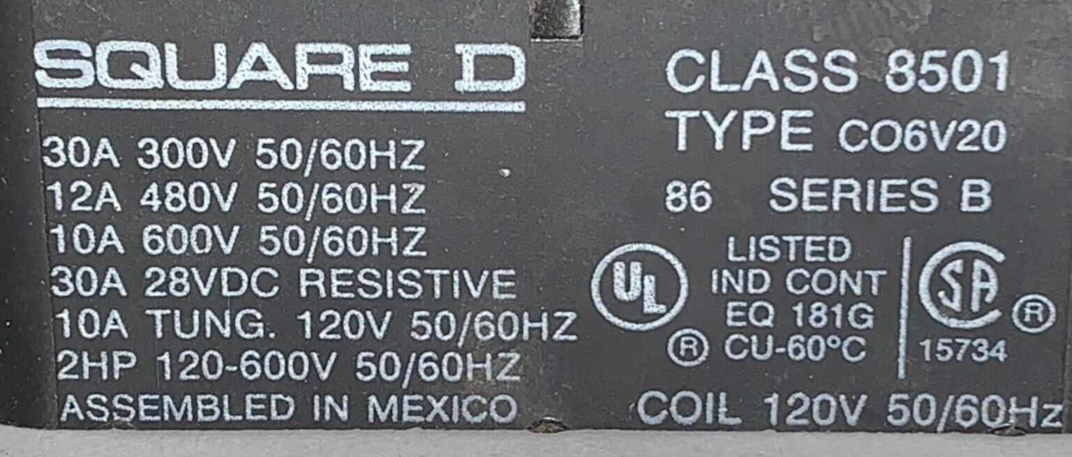 SQUARE D RELAY 8501CO6V20 SERIES B 2NO- 2NC 120VAC COIL 30 AMP 2 POLE
