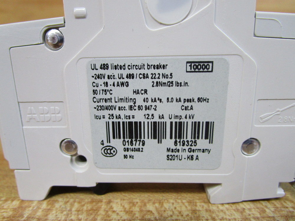 Asea Brown Broveri S201U-K6A ABB 6A Circuit Breaker S201U-K6