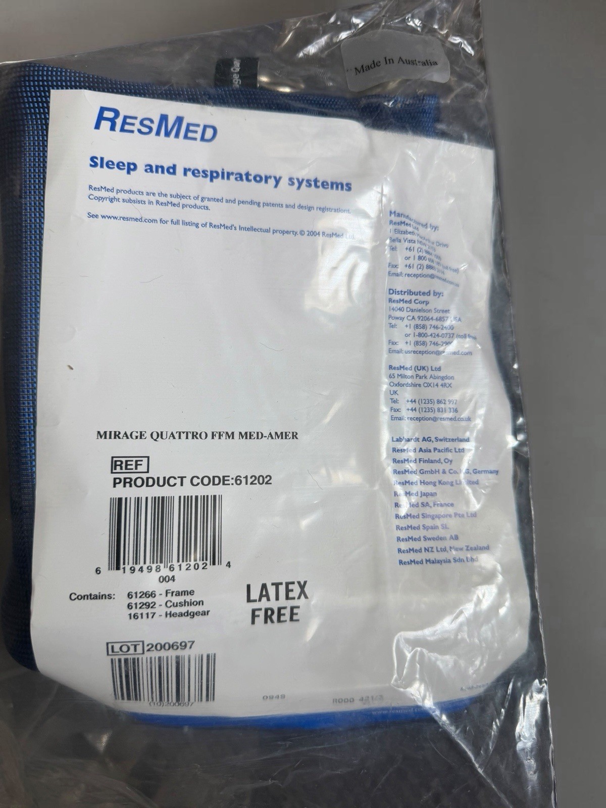 Mirage Quattro Res Med Full Face Mask Head Gear Set 61202 Size M- New Sealed