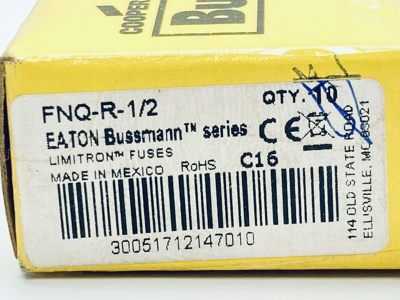 BOX OF 10 UNUSED EATON BUSSMANN FNQ-R-1/2 CLASS CC FUSE TIME DELAY 600VAC